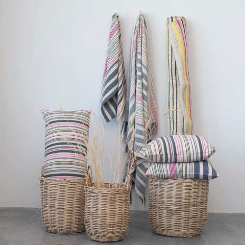 Creative Co-Op Cotton Blend Stripes and Fringe, Multicolor Throw Blanket, Multi