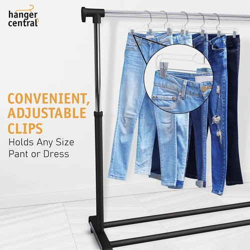 Hanger Central Premium 14-Inch Clear Pants Hangers - Adjustable Clips & 360° Swivel Hook | 12 Pack