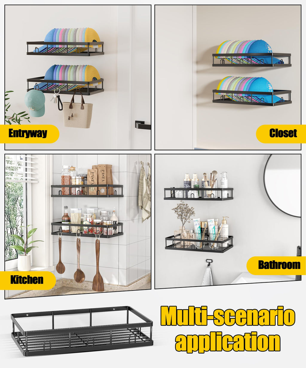 Sunfanie 2 Packs Metal Hat Rack for Wall, Holder with Multiple Hooks, Organizer for up to 40 Baseball Caps, Sturdy Wall Drilled Rack, Storage for Door/Closet, Black