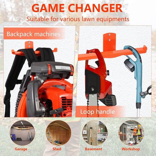 Heavy Duty Backpack Blower Rack by [Brand Name] - Space-Saving Wall Mount with Dual-Sided Hooks | 330lbs Load Capacity