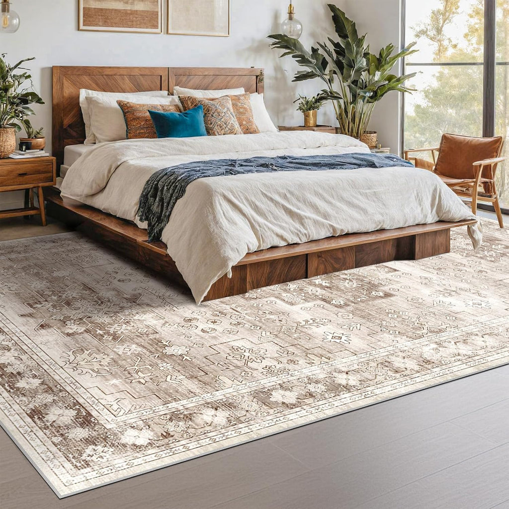 Skiennix Washable Area Rug - Large 8x10 Boho Vintage Floral Design | Stain Resistant & Non-Slip (Beige/Latte)
