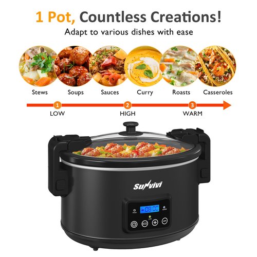 Sunvivi 8.5 Quart Programmable Slow Cooker: Multi-Cooker Food Warmer with Locking Lid & Digital Timer, Adjustable Tempature Control, Dishwasher Safe, Perfect for Families and Gatherings, Black