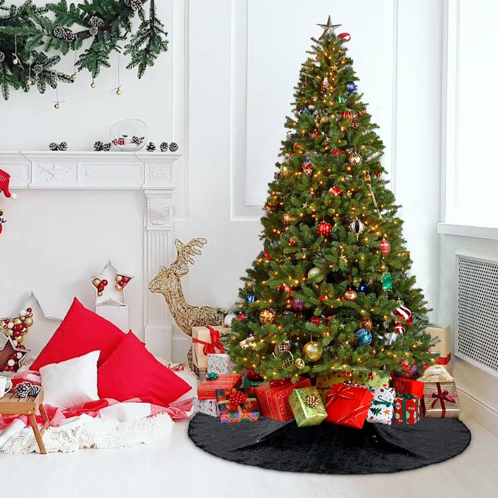 Poise3EHome Black Christmas Tree Skirt, 36 Inch Sparkle Sequin Mat for 6ft Tree Halloween Xmas Party Decor