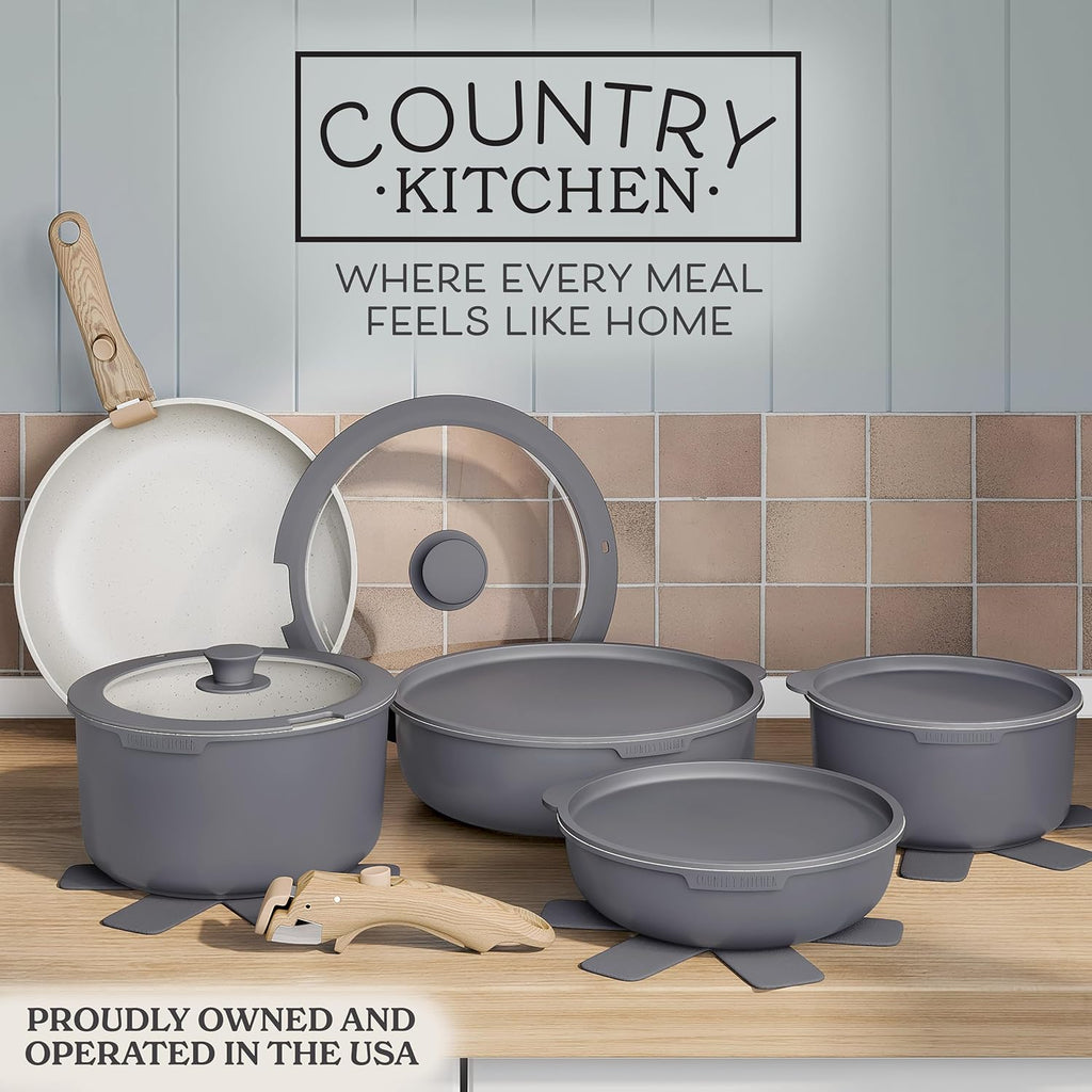 Country Kitchen Cookware Set - Removable Handle, Oven & RV Safe Pots and Pans, Grey/Ivory Wood Handle