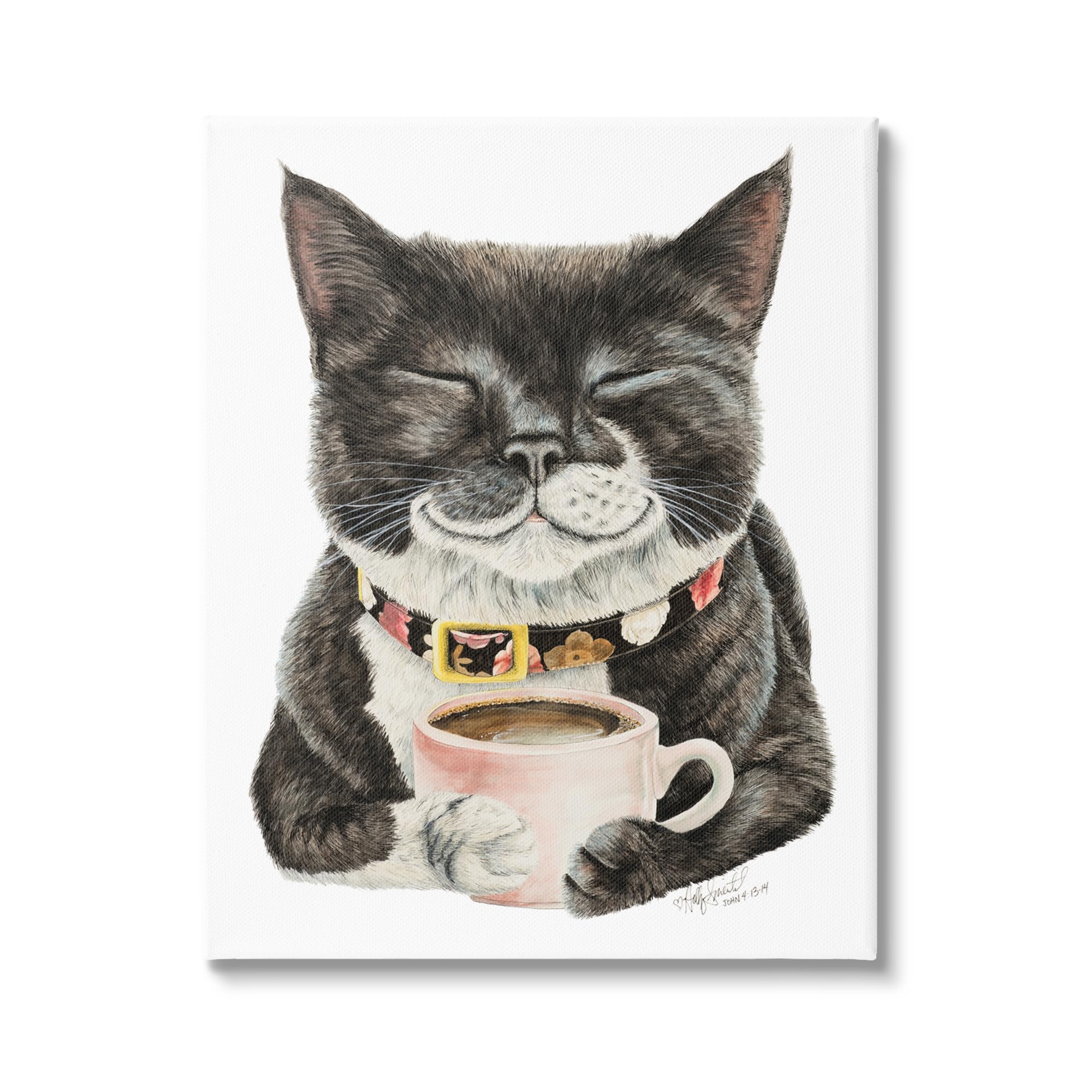 Stupell Industries Smiling Cat & Coffee Mug Canvas Wall Art Design by Holly Simental
