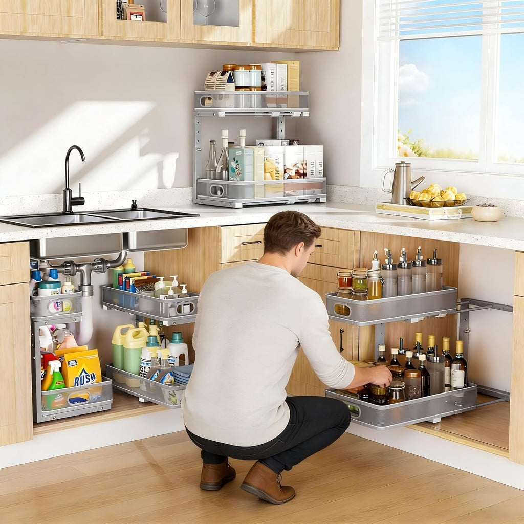 Under Sink Organizer 2 Pack - Adjustable 2 Tier Metal Storage Drawers for Kitchen & Bathroom