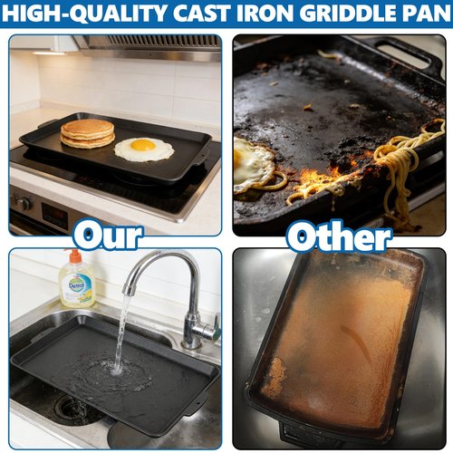SafBbcue 19 x 11.5 Inch Cast Iron Griddle Pan for Stovetop, Oven, Grill, Campfire, Suitable for Kitchen and Outdoor Cooking, Roasting, Pan Frying, Baking