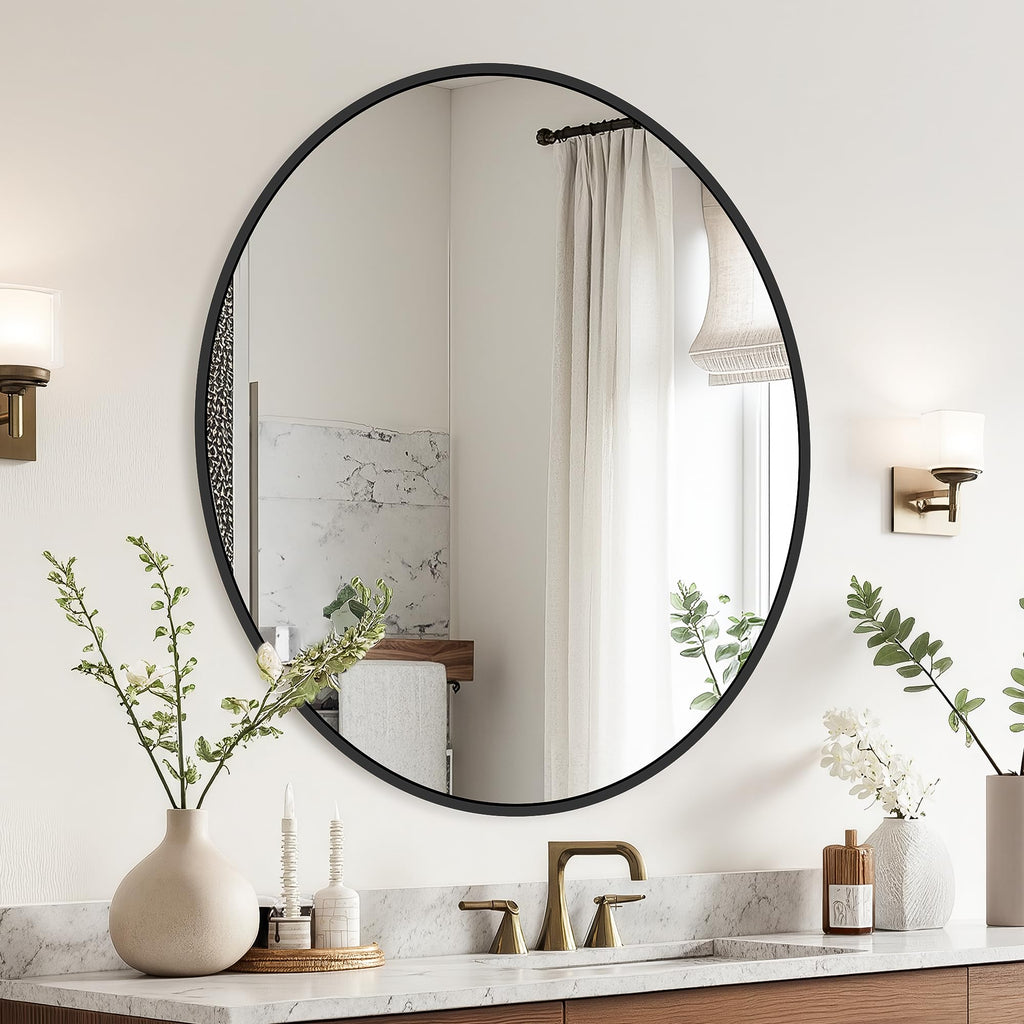 Black Round Mirror 22 Inch, Circle Wall Mirrors with Metal Frame, Wall Mounted Circular Mirror for Bathroom, Vanity, Entryway, Living Room, Hallway, Wall Decor