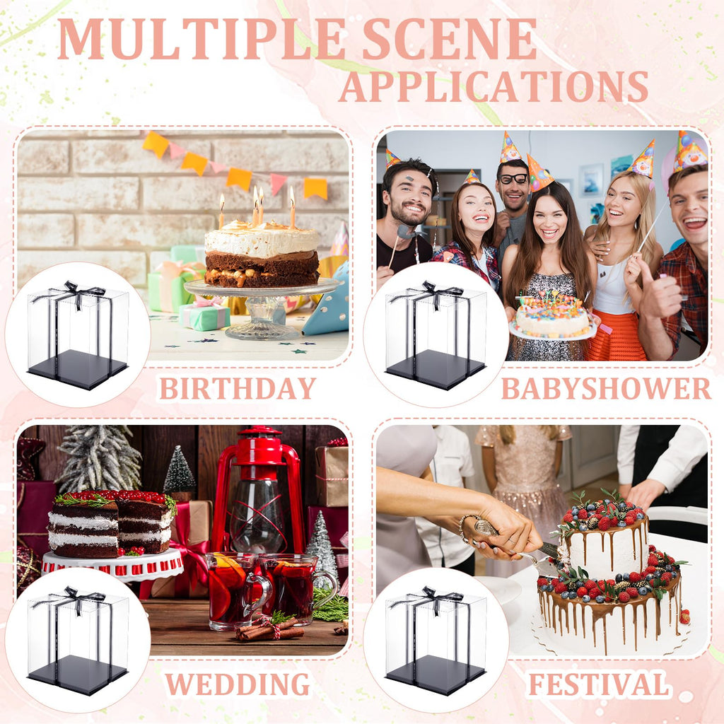 Maxdot 10 Pcs Transparent Tall Cake Boxes 12" x 12" x 14" Large Clear Cake Box with Ribbon Cake Carrier PET Wedding Cake Storage Container Clear Gift Boxes for Party Birthday Dessert Display (Black)