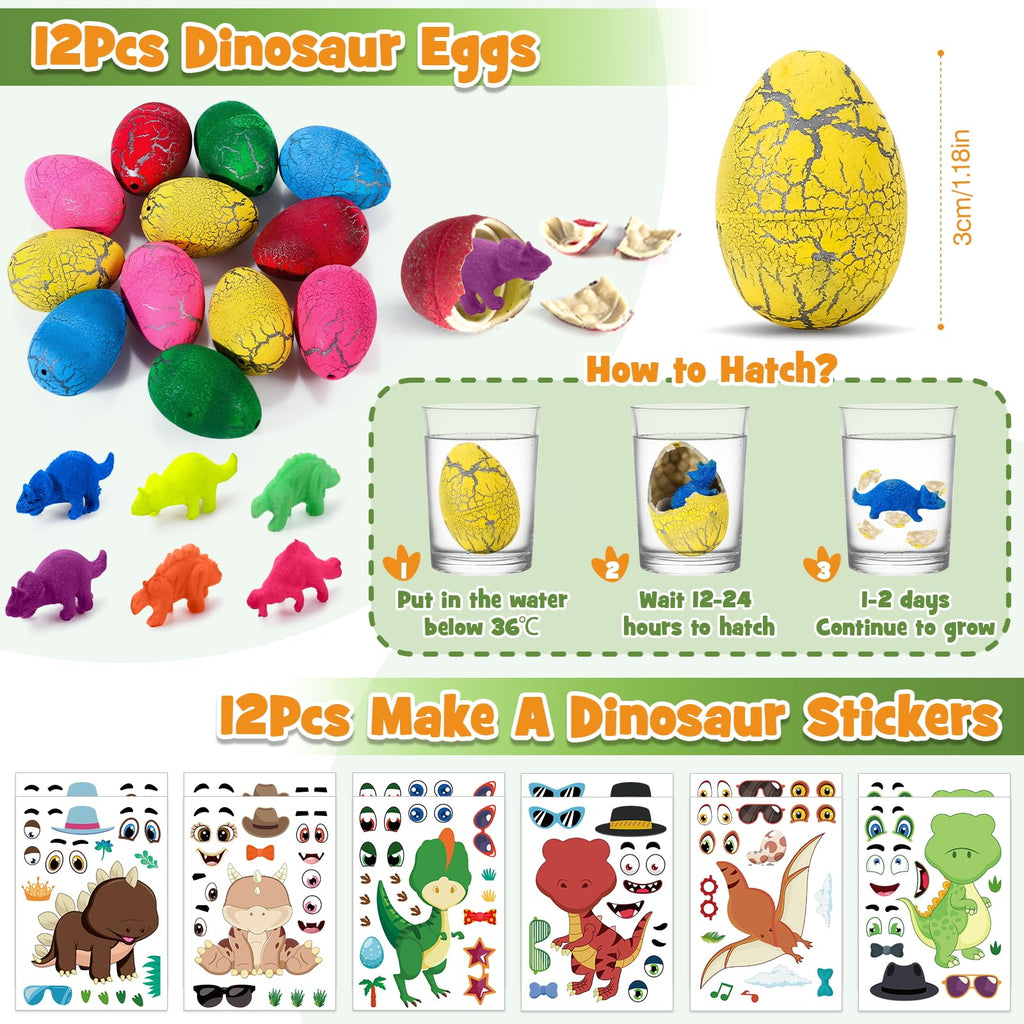 SNLN 12 Sets Dinosaur Party Favors for Kids Birthday, Magnifying Glasses Luminous Keyring Dino Egg Sticker Dino Party Supplies with Skeleton Toy Silicone Bracelet Gift Bag Dino Theme Stuffer Fillers