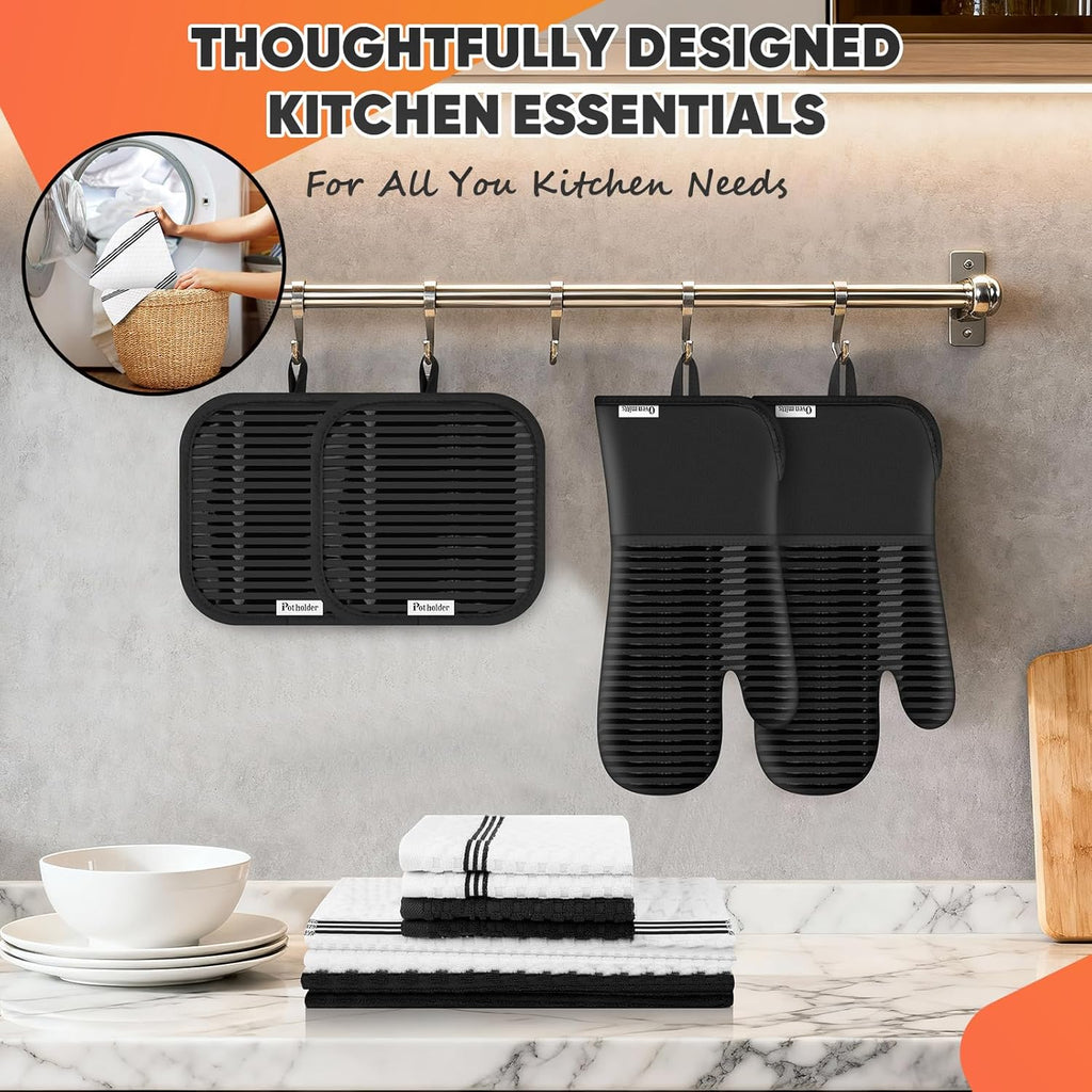 Skiennix Oven Mitts Set - 500°F Heat Resistant Gloves with Silicone Grip & Kitchen Towels | 2 Gloves, 2 Potholders, 4 Towels