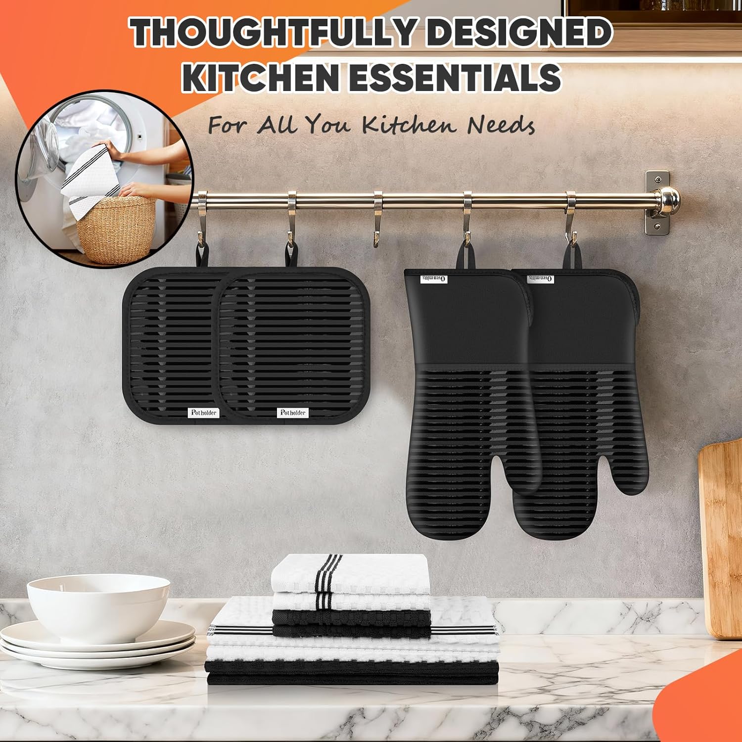 Skiennix Oven Mitts Set - 500°F Heat Resistant Gloves with Silicone Grip & Kitchen Towels | 2 Gloves, 2 Potholders, 4 Towels