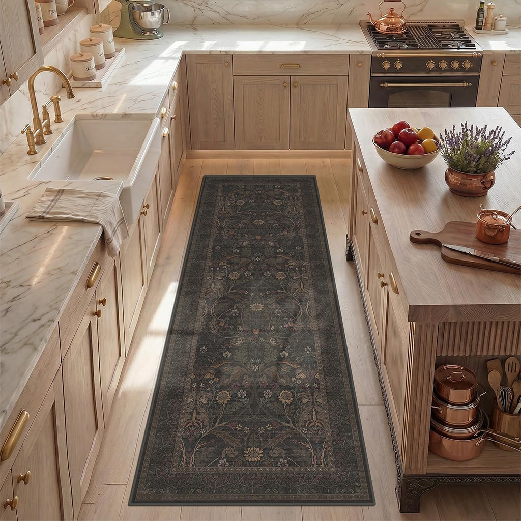 Skiennix Washable 2x6 Kitchen Runner Rug - Non-Slip Dark Brown Floral Design for Farmhouse & Cabin