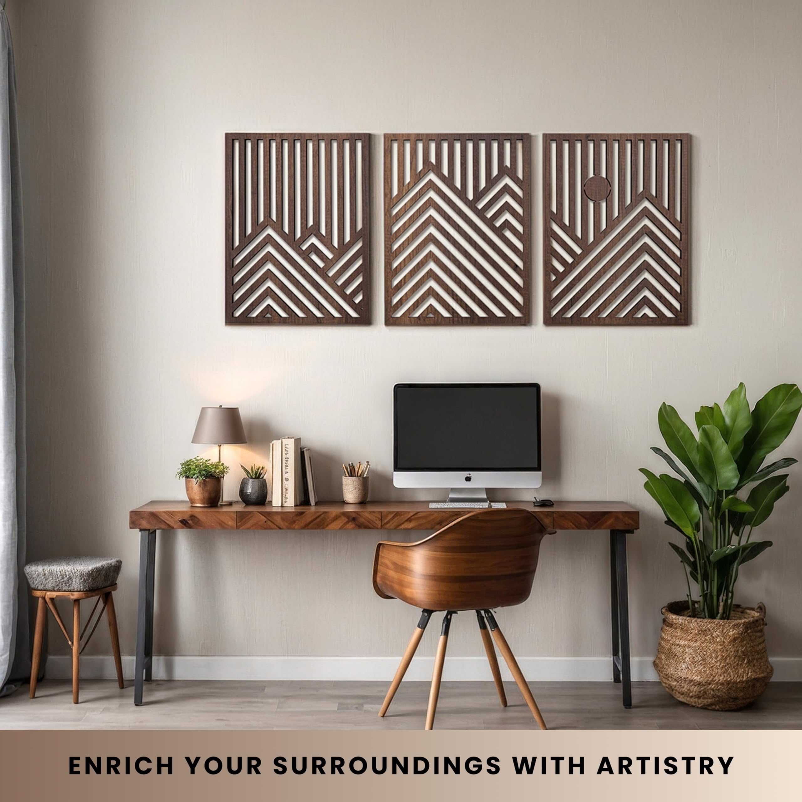 qmmp Modern Wooden Wall Sculptures - Set of 3 - Home Decor Accent - Large Wall Art for Living Room, Bedroom, Office - Easy Installation (Walnut, Large - Mountain and Sun, Unframed)