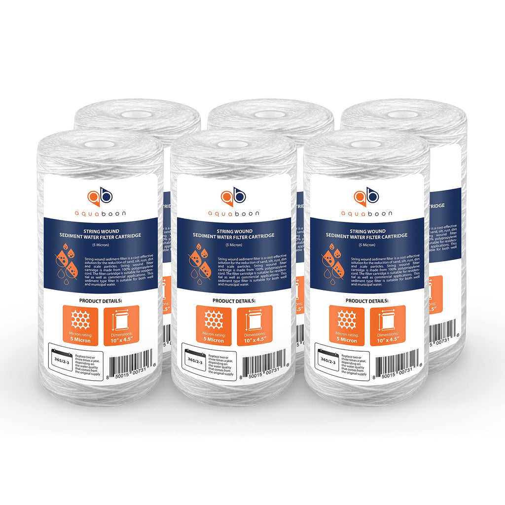 Aquaboon 5 Micron Water Filter 10 x 4.5 inch - String Wound Water Filter for Whole House System - Compatible with 84637, WPX5BB97P, PC10, 355214-45, 355215-45, WP10BB97P, WP5BB97P (6 Pack)