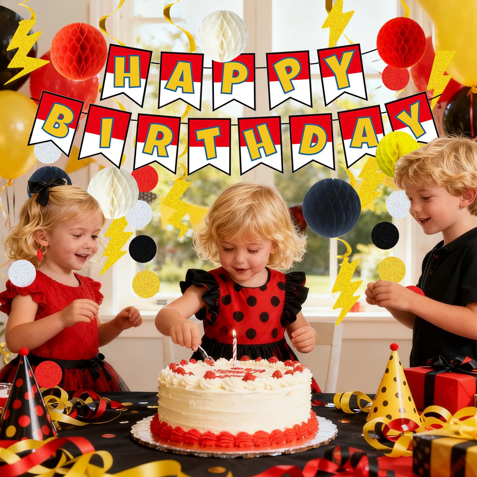 Cartoon Animation Birthday Party Decorations, Party Supplies Birthday Banner, Honeycomb Balls, Gold Theme Hanging Swirls, Circle Dots Garland, for Boys and Girls