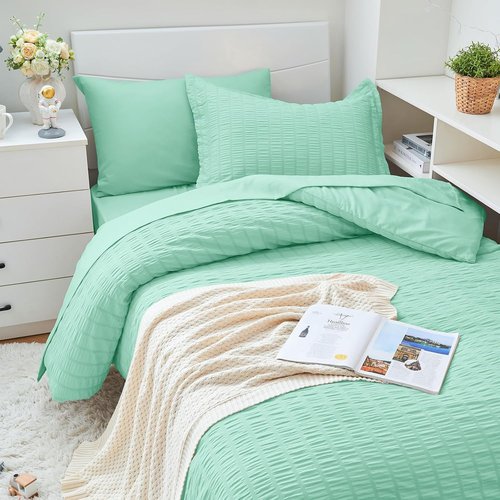 HYMOKEGE Twin XL Comforter Set - Mint Green Seersucker 5-Piece All-Season Luxury Bedding Set