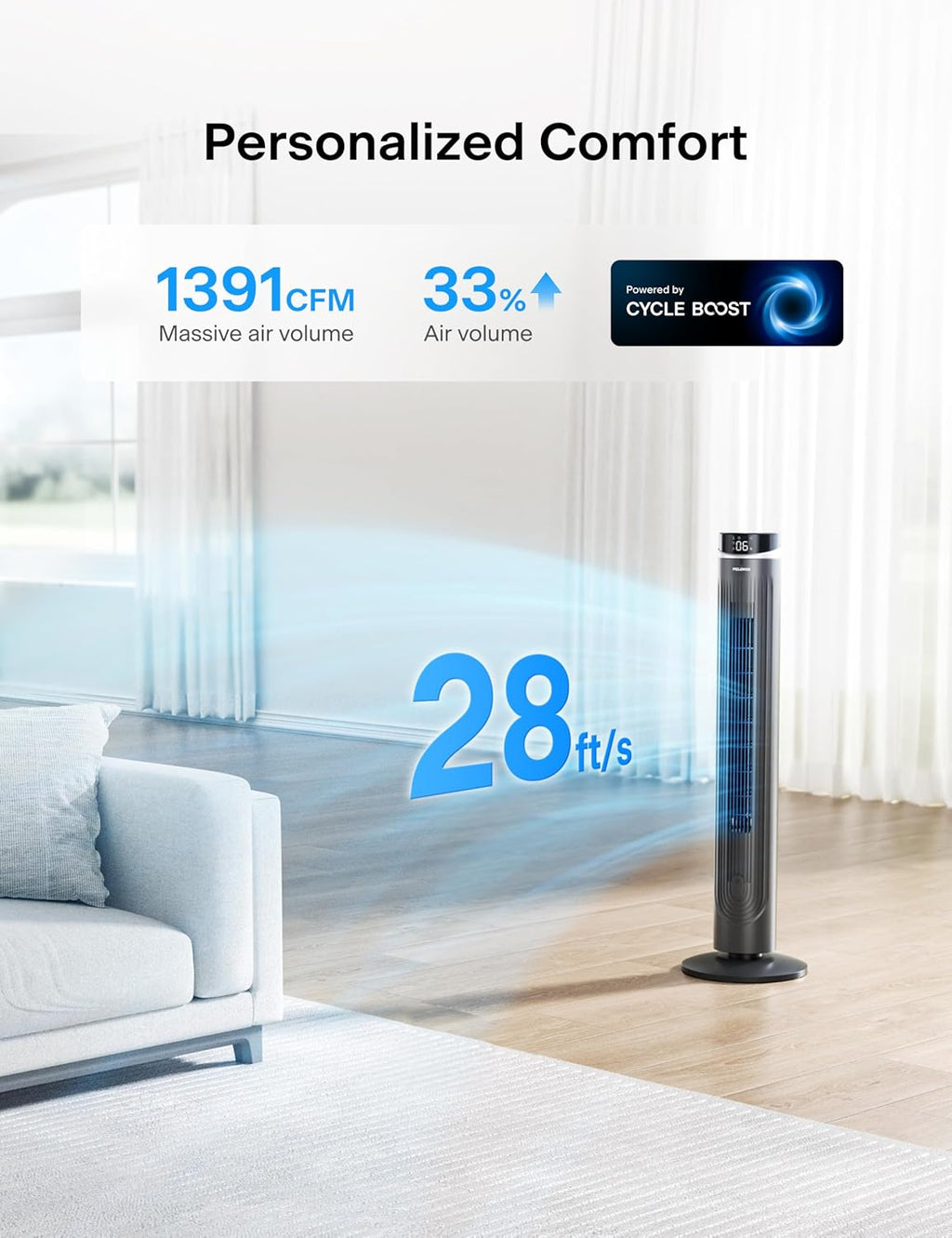 Pelonis 42-Inch Tower Fan - Quiet 90° Oscillation, 5 Speeds, Remote Control & Eco Mode | 12H Timer, LED Display