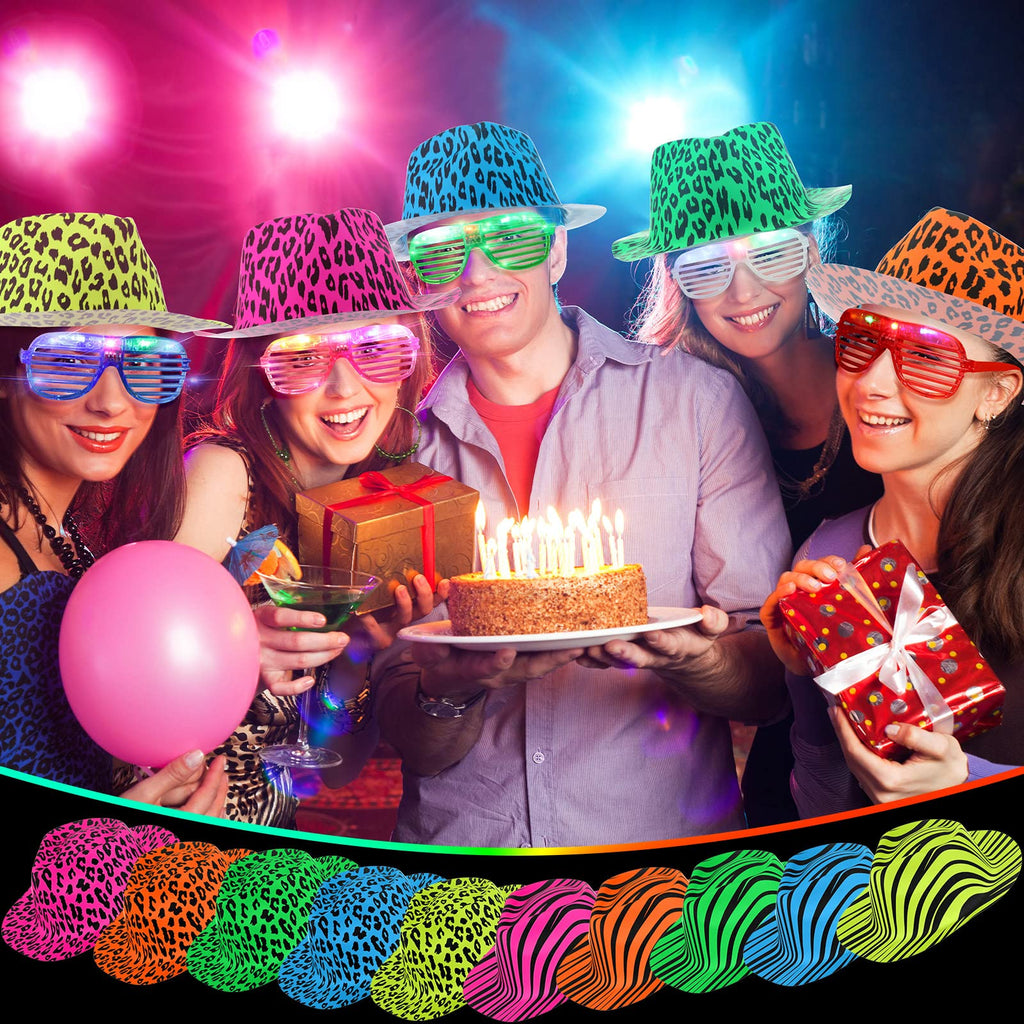 60 Set Party Hats Glasses Including 30 Neon Animal Print Plastic Hats and 30 Flashing LED Light up Glasses for Adult Birthday Bachelorette Party Props