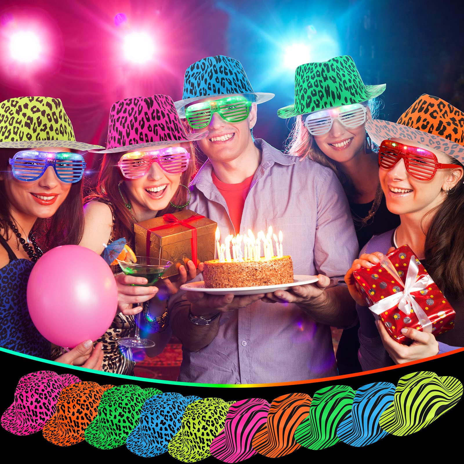 60 Set Party Hats Glasses Including 30 Neon Animal Print Plastic Hats and 30 Flashing LED Light up Glasses for Adult Birthday Bachelorette Party Props