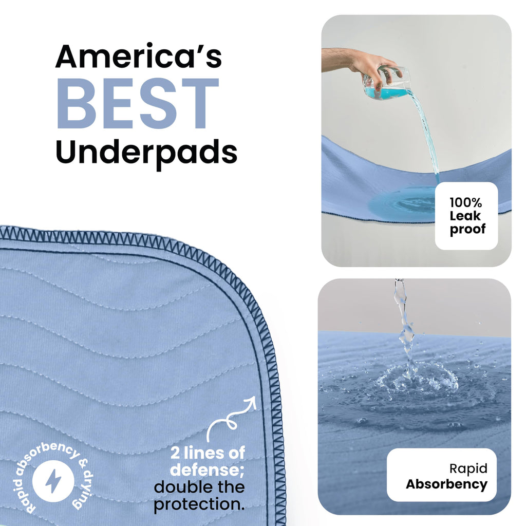 IMPROVIA® Washable Underpads, Heavy Absorbency Reusable Incontinence Pads for Kids, Adults, Elderly, and Pets, Waterproof Protection Floor (Blue, 34"x36" (Pack of 4))