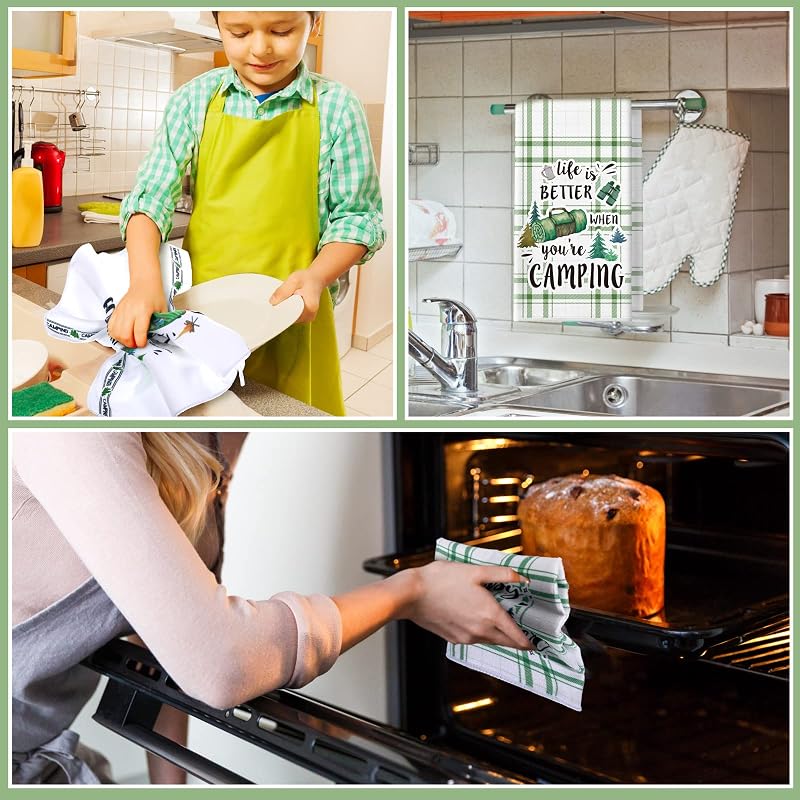 Camping Kitchen Towels 6 Pcs with Hanging Loop - Green Tent Design