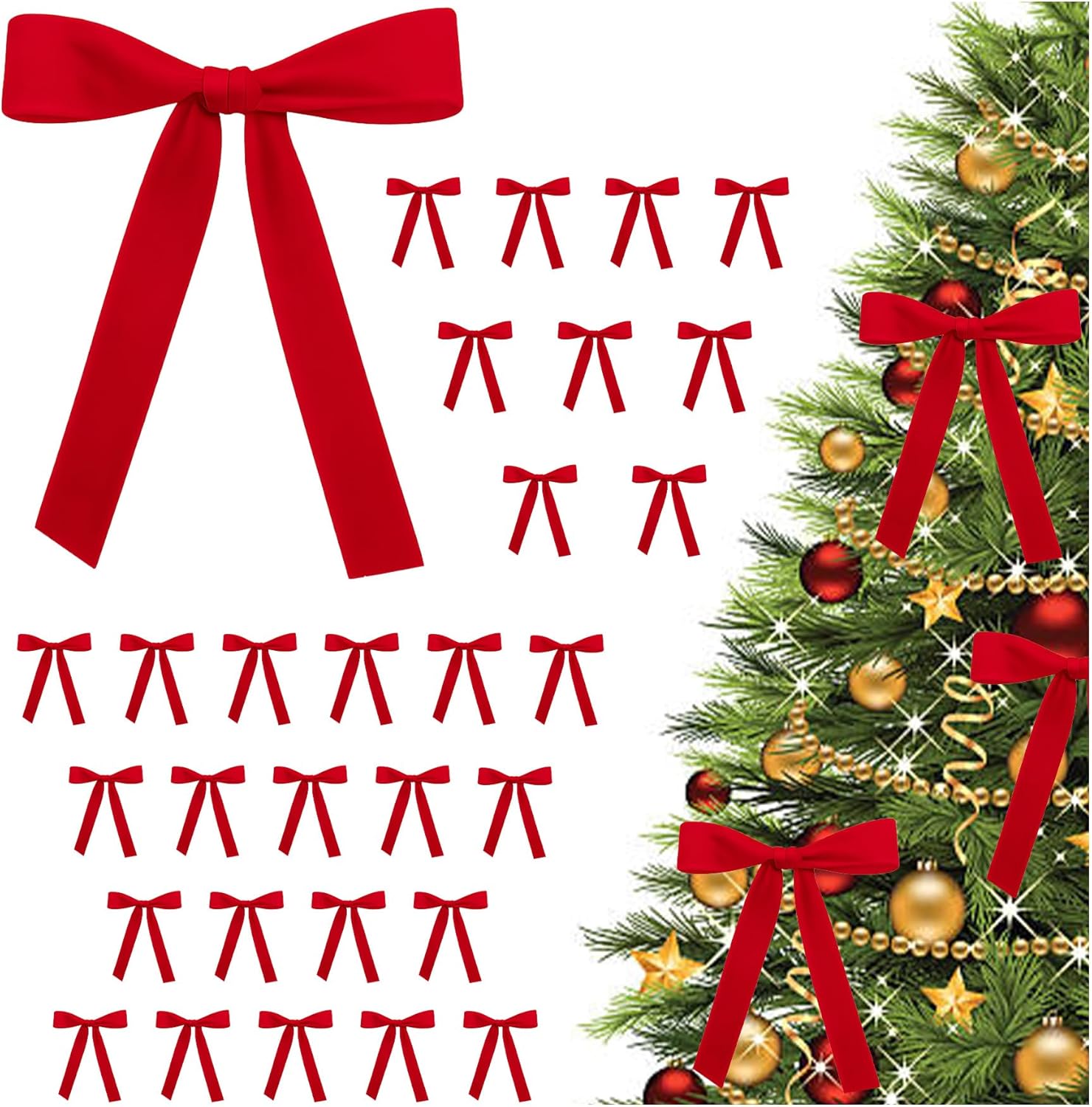 Vintage Velvet Bows by Skiennix - Elegant 30 Pack Christmas Tree Ornaments | 5x7 Inch Red Ribbon for Wreaths & Garlands