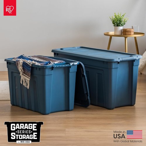 IRIS USA 31 Gallon Heavy Duty Storage Totes - Eco-Friendly, Easy-Grip Handles, 4 Pack | Durable Navy Bins with Lids