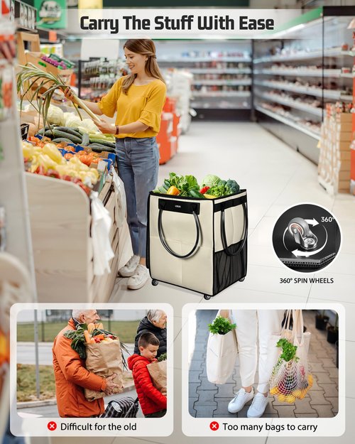 LOEUO Large Reusable Grocery Bag on Wheels, Foldable Rolling Tote Bag with Detachable Roller