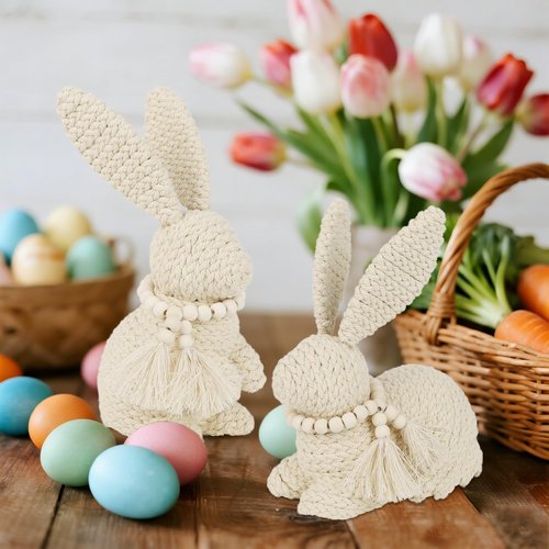 DR.DUDU 2 Pack Easter Bunny Figurines Decor, Rabbit Figurine Table Decorations, Spring Bunnies Decoration Cotton Woven Statue for Home Indoor Centerpieces Fireplace Farmhouse Gifts (Beige)