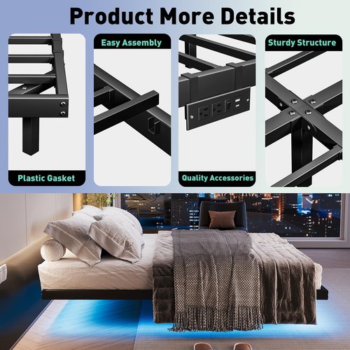 AGXI Floating Bed Frame with LED Lights and Charging Station, 14 Inch King Size Floating BedFrame - Modern King Size Bed Frame Easy Assembly No Box Spring Needed