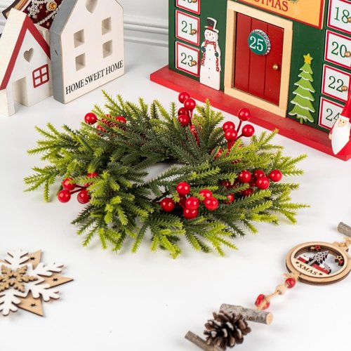 Christmas Candle Rings by [Brand Name] - 11.6 Inch Artificial Pine & Red Berries | Perfect for Holiday Decor & Centerpieces