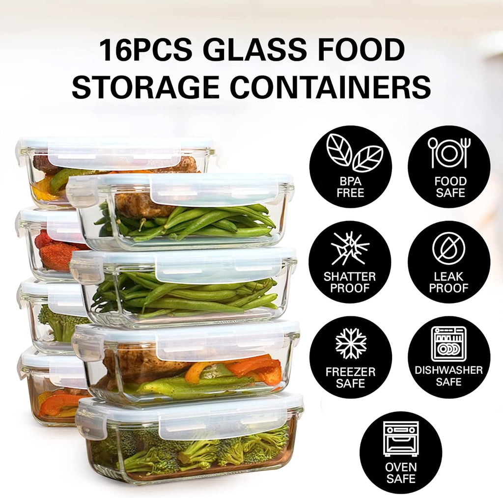 Razab 30 Oz Glass Meal Prep Containers - 16 Pc Set | Airtight, Leak-Proof & BPA-Free