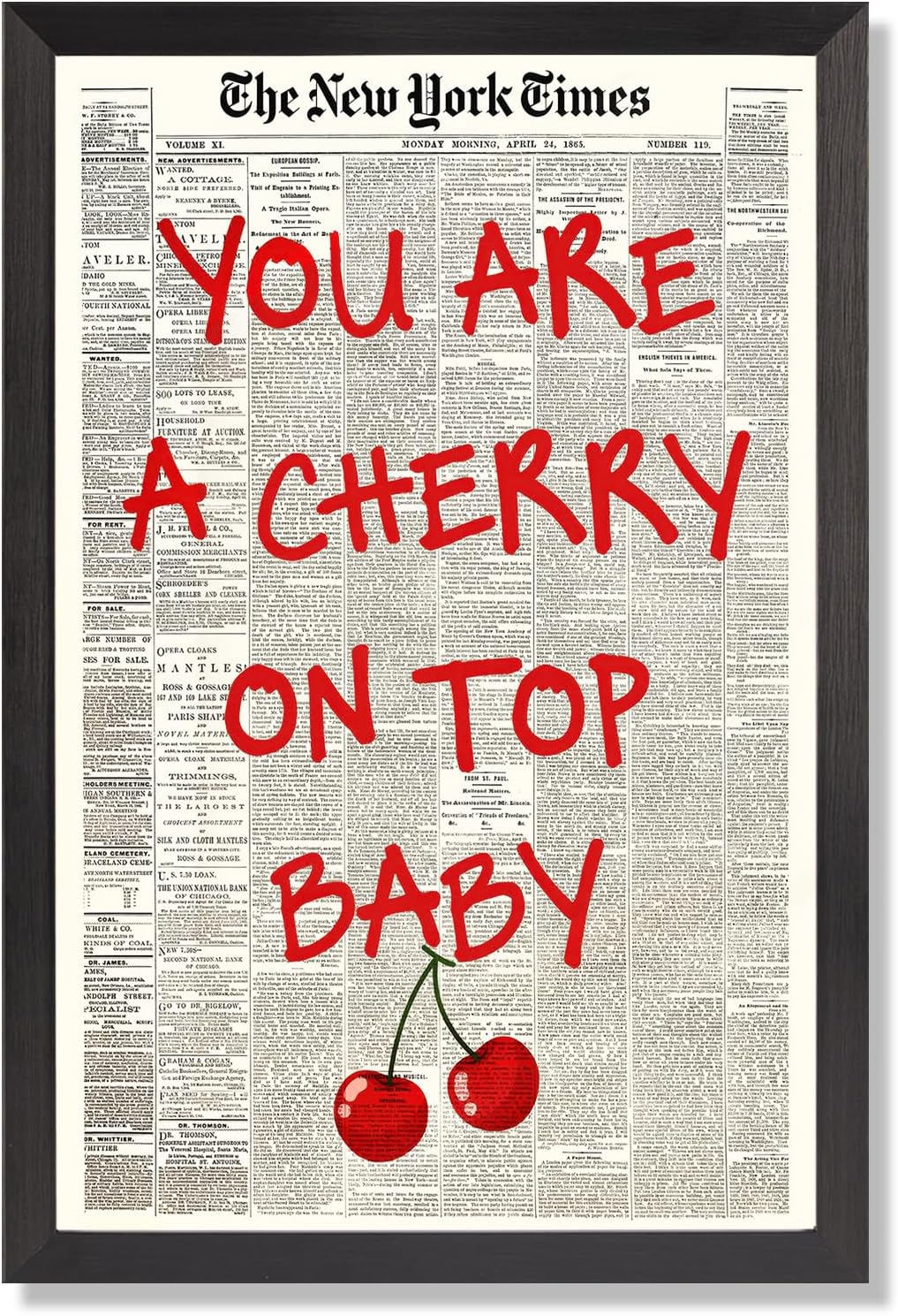 Trendy Canvas Wall Art - 'You Are A Cherry On Top' Inspirational Quote | Black & White 8x10in Framed Decor
