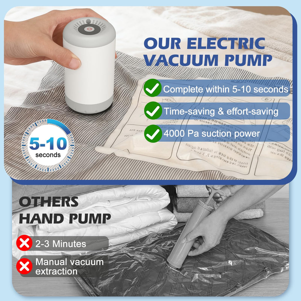 Travel Vacuum Storage Bags with Rechargeable Air Pump, 11 Pack Portable Space Saver Bags, Compression Bags for Clothing, Bedding, Seasonal Storage & Packing Bags for Moving