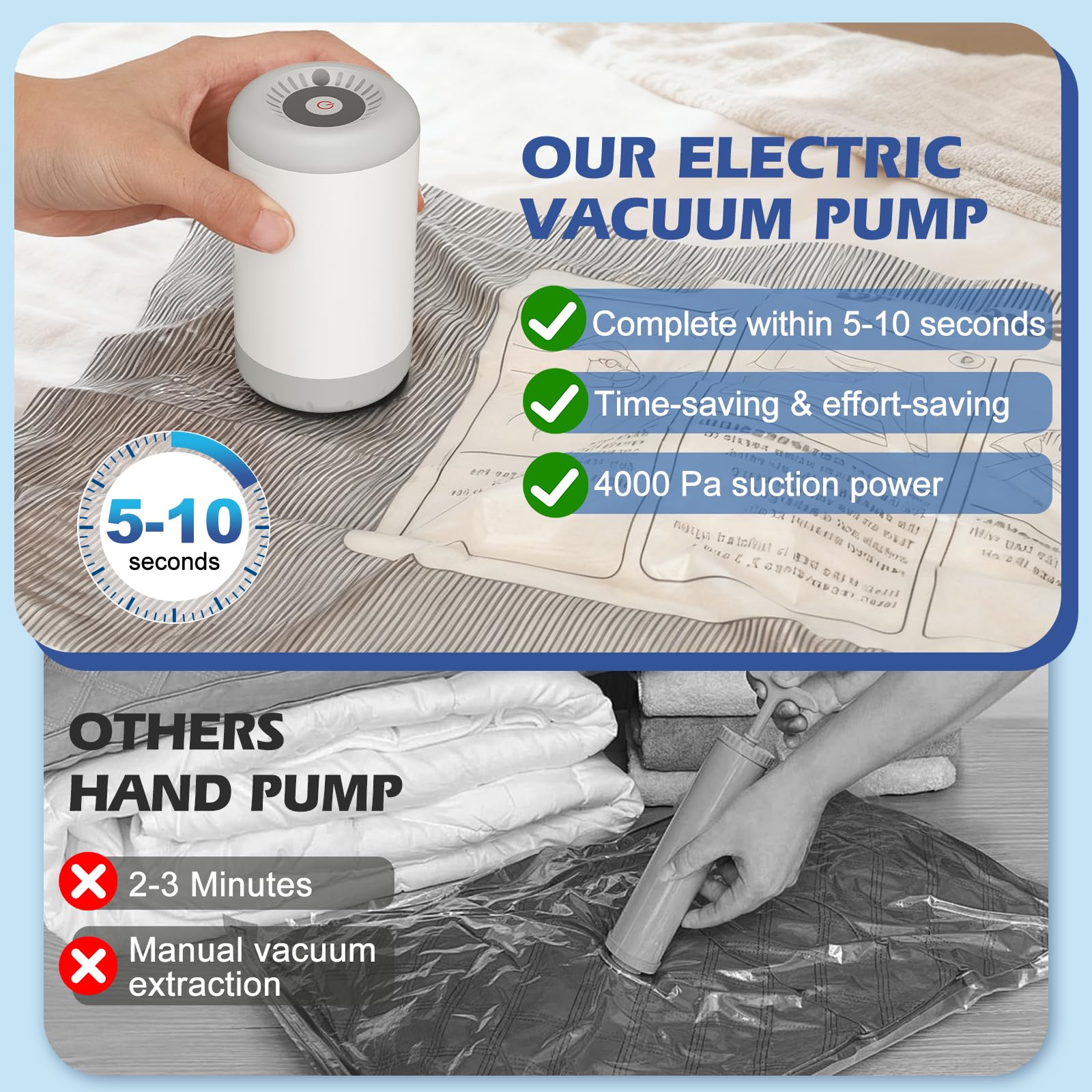 Travel Vacuum Storage Bags with Rechargeable Air Pump, 11 Pack Portable Space Saver Bags, Compression Bags for Clothing, Bedding, Seasonal Storage & Packing Bags for Moving