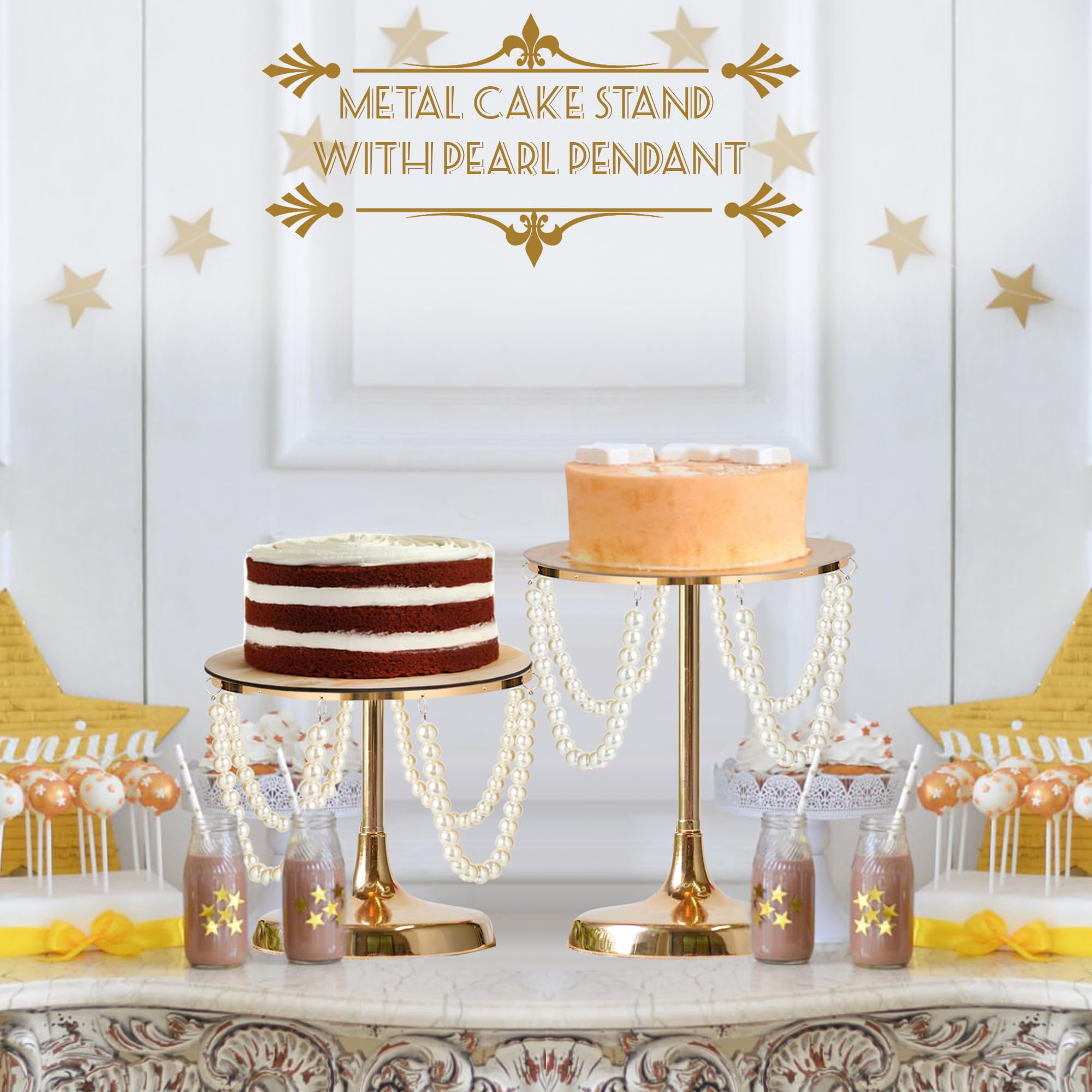 kolnlala Set of 6 Gold Round Pearl Cake Stand, Dessert Table Metal Cake Display Stand Set with Pearl Pendant Wedding Birthday Cake Base Stand for Wedding Anniversary Birthday Party Celebration