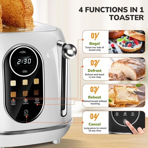 Keenstone Smart Touch Screen Toaster - 2 Slice Retro Stainless Steel with 6 Browning Levels | White
