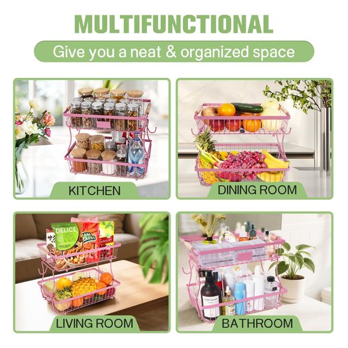 Lawhood-Mijin Fruit Basket Bowl 2 Tier Detachable with 2 Banana Hangers, Fruit Stand Holder for Kitchen Countertop, Metal Wire Vegetable Storage Organizer, for Bread Snack Veggies Produce, pink