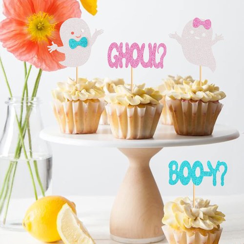 Ercadio 24 Pack Halloween Cupcake Toppers - Glitter Ghost Picks for Baby Showers & Gender Reveals