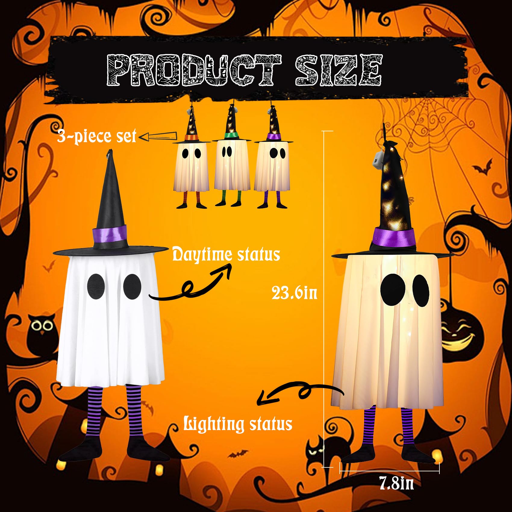 Halloween Decorations Outdoor,Set of 3 Halloween Hanging Decor with Cone Caps, Multiple Lighting Effects, Cute Lighted Glowing Spirits Pointed Hat for Yard Tree Porch Party Decor
