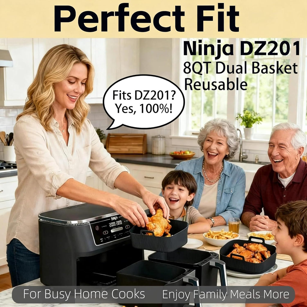 Ninja Silicone Air Fryer Liners - Reusable 8QT Dual Basket | Easy-Clean Dishwasher-Safe 2-Pack