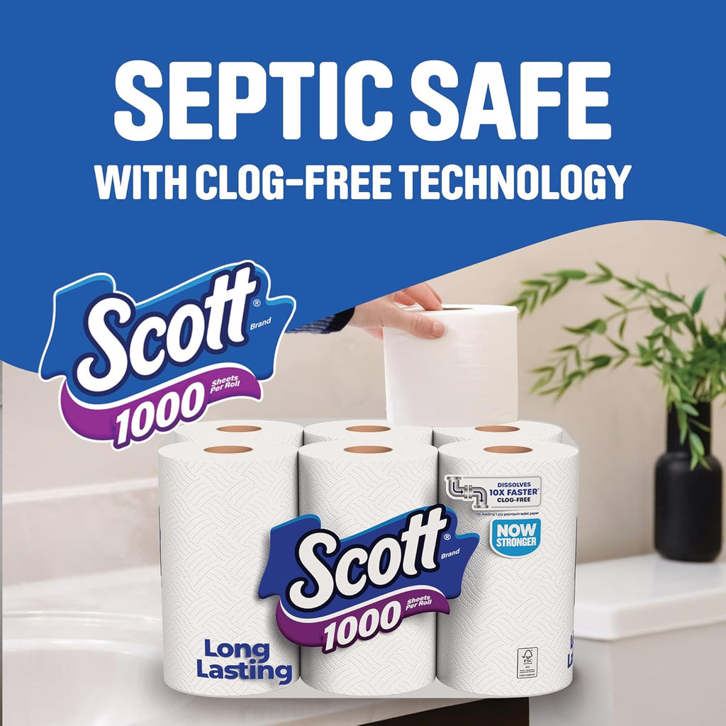Scott 1000 Toilet Paper - Septic-Safe 1-Ply Tissue | 18 Rolls for Ultimate Cleanliness