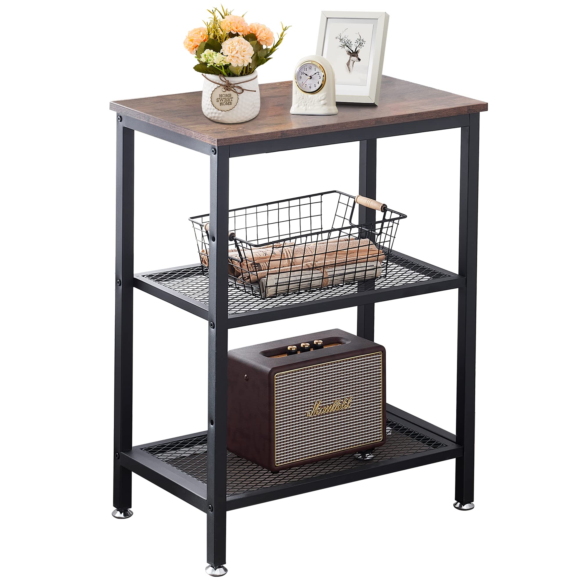 VECELO Tall End Side Tables,30" Height Nightstand with 3-Tier Storage Shelf for Bedroom Living Room, Easy Assembly,Industrial Style, Brown
