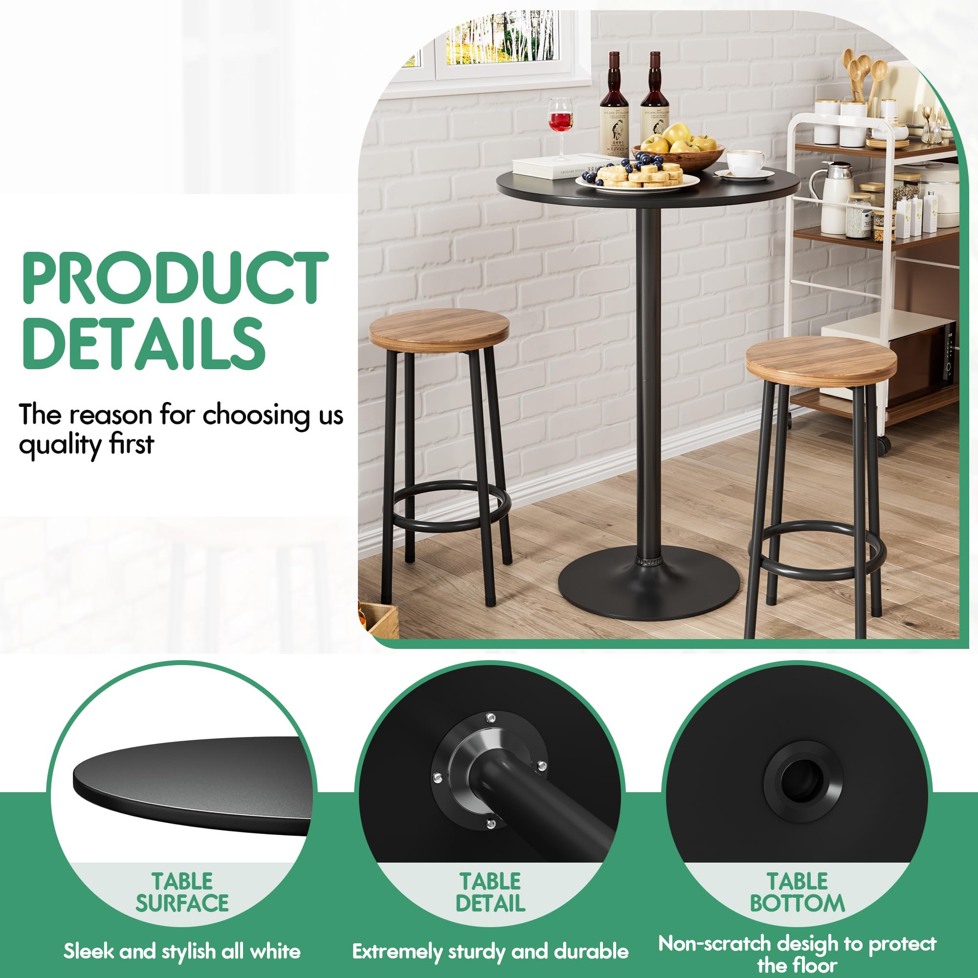 Shahoo Round Bar Table, Cocktail Table with Metal Base & MDF Top, Counter Height Pub Table for Dining Room, Living Room, Kitchen, Bar, Pub, Cafe, Black