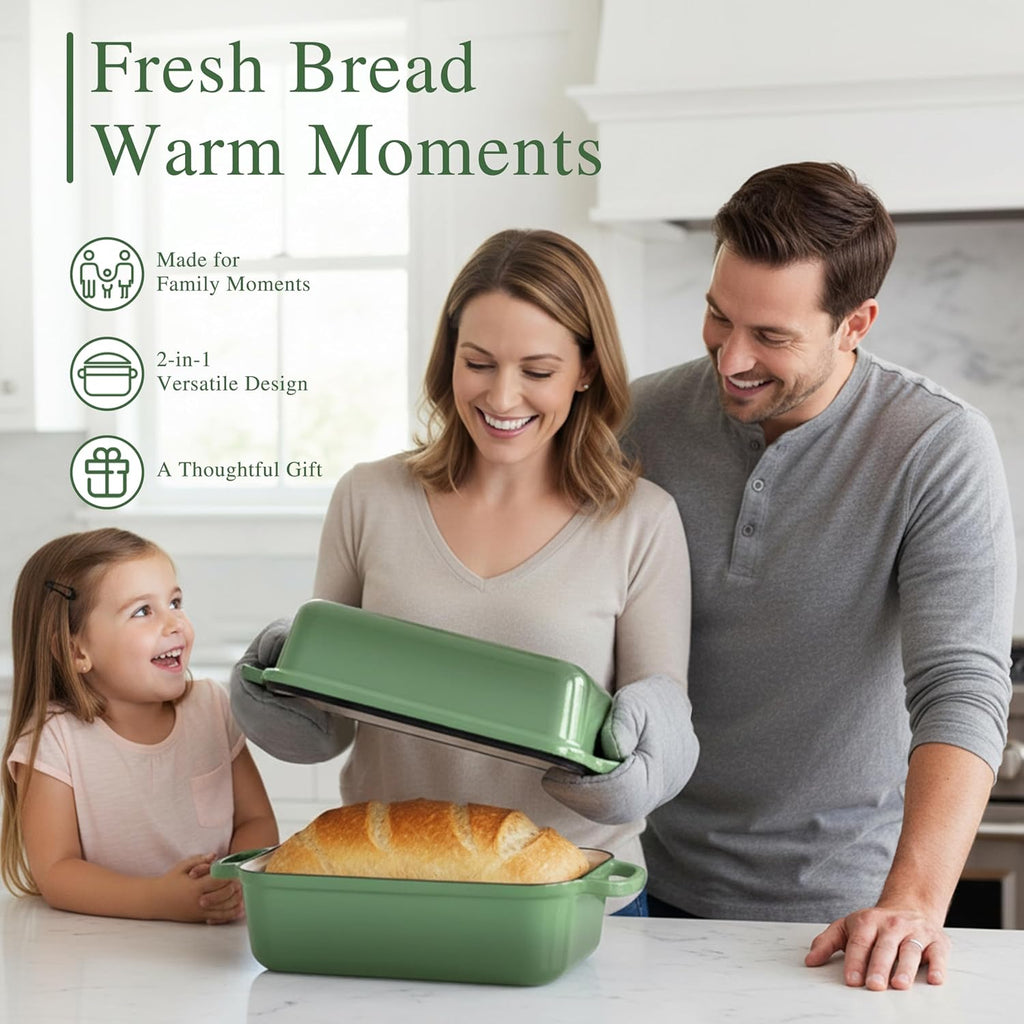 Skiennix Cast Iron Bread Pan - 11x5 Inch Sourdough Baking Pan with Lid | Even Heat Distribution, 5.8Qt, Pistachio