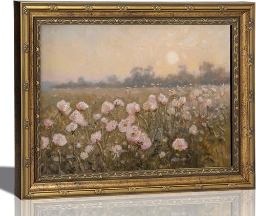 Gold Framed Vintage Pink Wildflower Canvas Wall Art - Rustic Spring Landscape Painting 9x11in