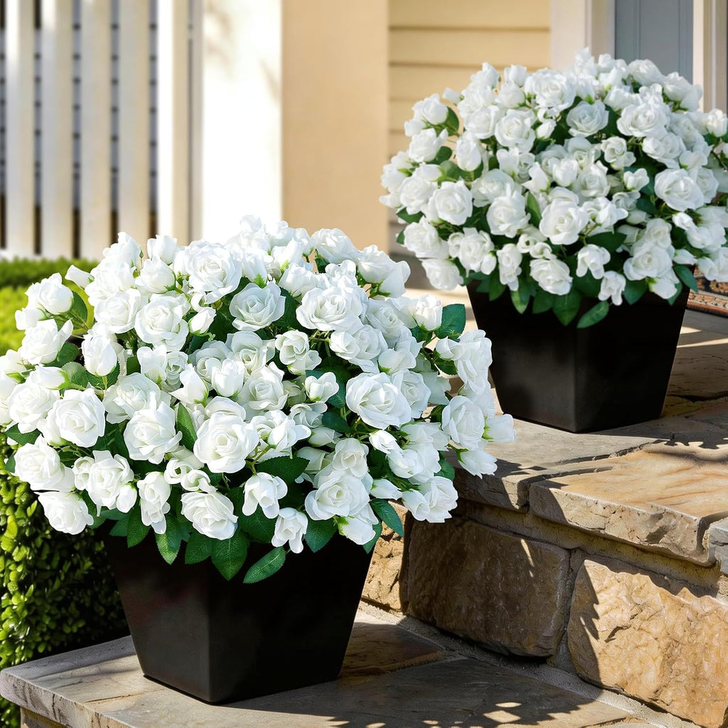 Skiennix Artificial Roses - Realistic Silk Bouquets for Outdoor Decor | UV Resistant White Flowers (8 Bundles)
