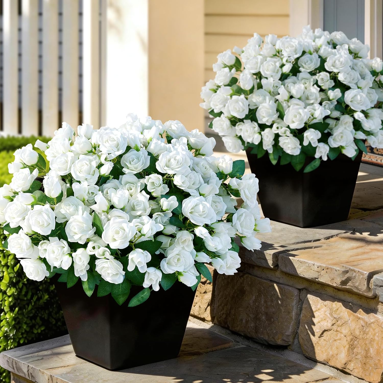 Skiennix Artificial Roses - Realistic Silk Bouquets for Outdoor Decor | UV Resistant White Flowers (8 Bundles)