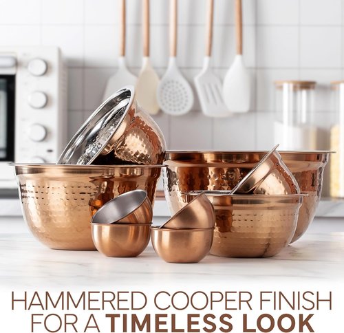 Cook With Color 18-Piece Mixing Bowls Set - Handcrafted Stainless Steel with Airtight Lids | Copper Hammered Finish